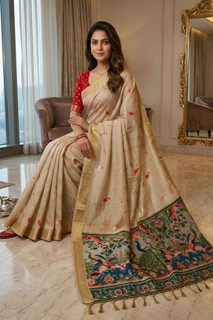 Cream Cotton Blend Kalamkari Woven Saree (ACA8618)