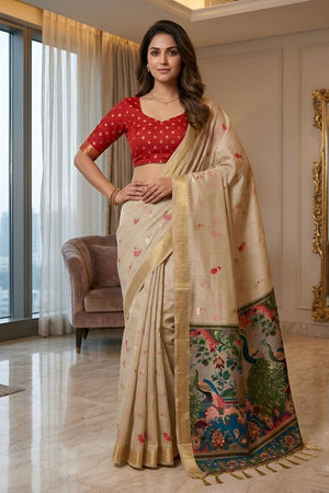 Cream Cotton Blend Kalamkari Woven Saree (ACA8618)