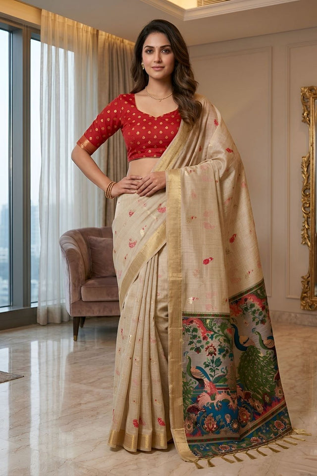 Cream Cotton Blend Kalamkari Woven Saree (ACA8618)