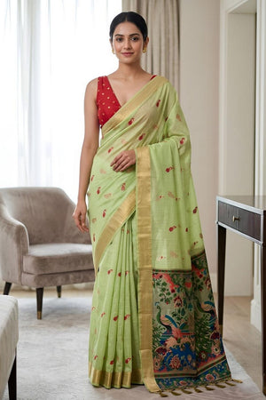Green Cotton Blend Kalamkari Woven Saree (ACA8619)