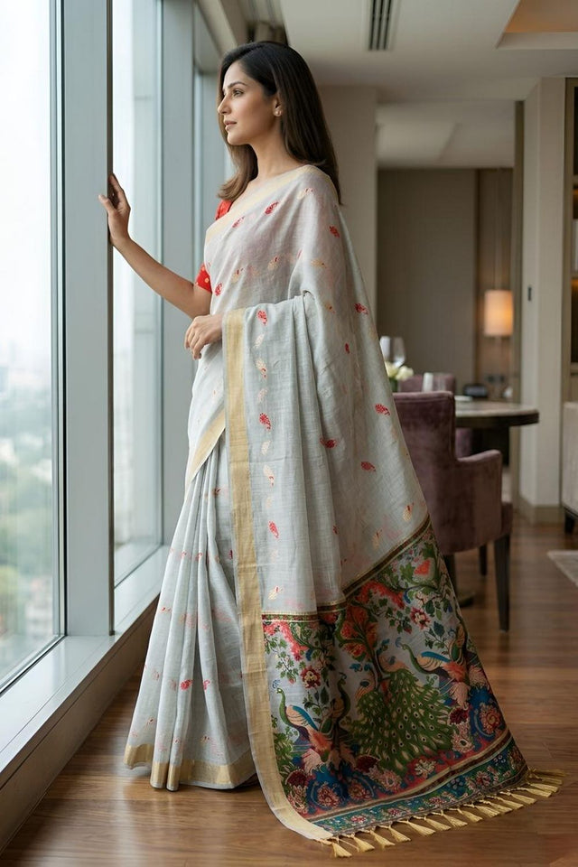 Grey Cotton Blend Kalamkari Woven Saree (ACA8620)