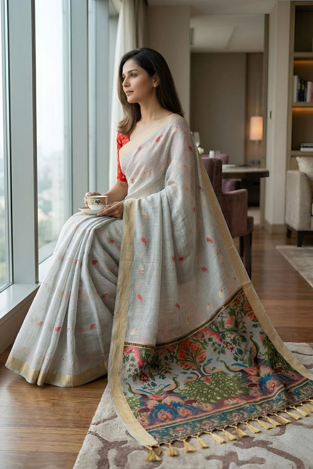 Grey Cotton Blend Kalamkari Woven Saree (ACA8620)