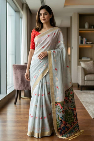 Grey Cotton Blend Kalamkari Woven Saree (ACA8620)