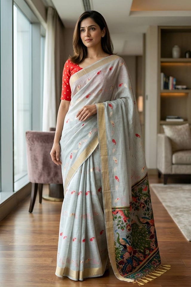 Grey Cotton Blend Kalamkari Woven Saree (ACA8620)