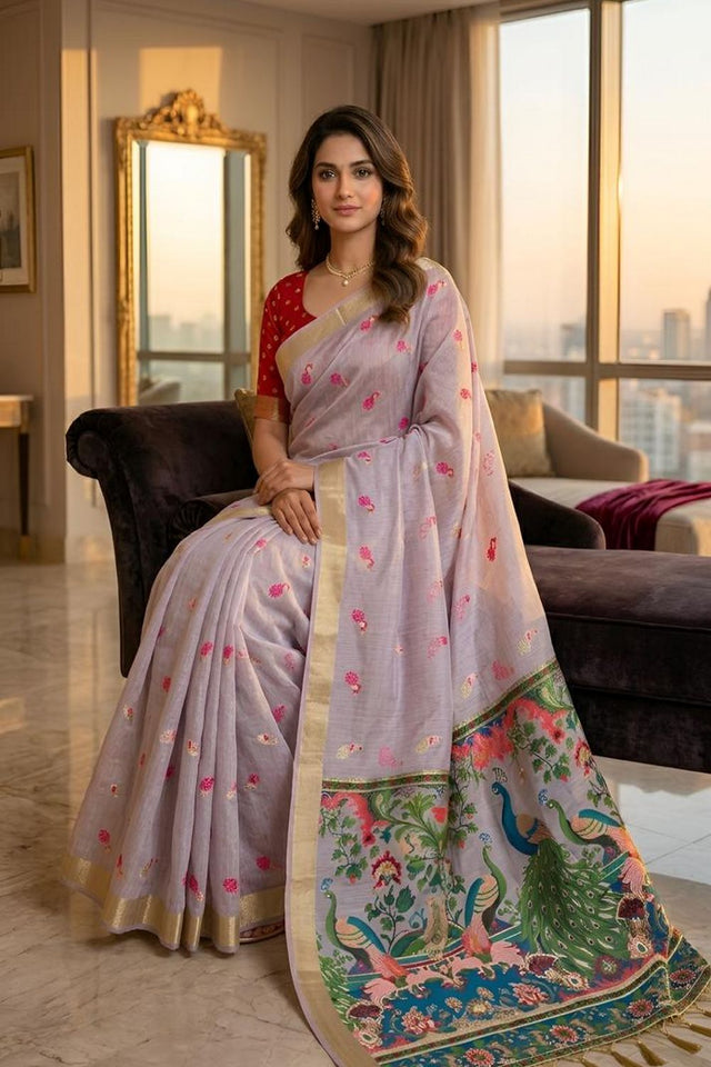 Lavender Cotton Blend Kalamkari Woven Saree (ACA8621)
