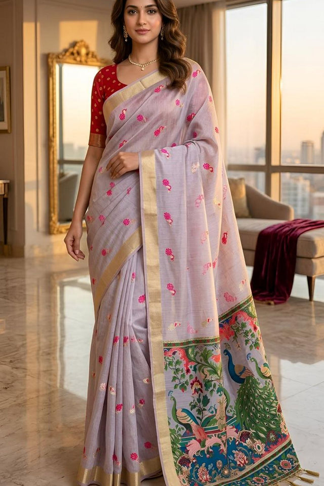 Lavender Cotton Blend Kalamkari Woven Saree (ACA8621)