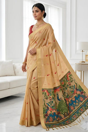 Orange Cotton Blend Kalamkari Woven Saree (ACA8622)