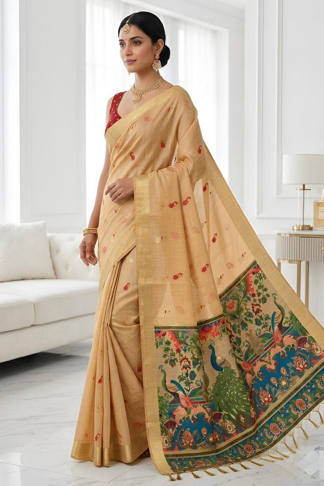 Orange Cotton Blend Kalamkari Woven Saree (ACA8622)
