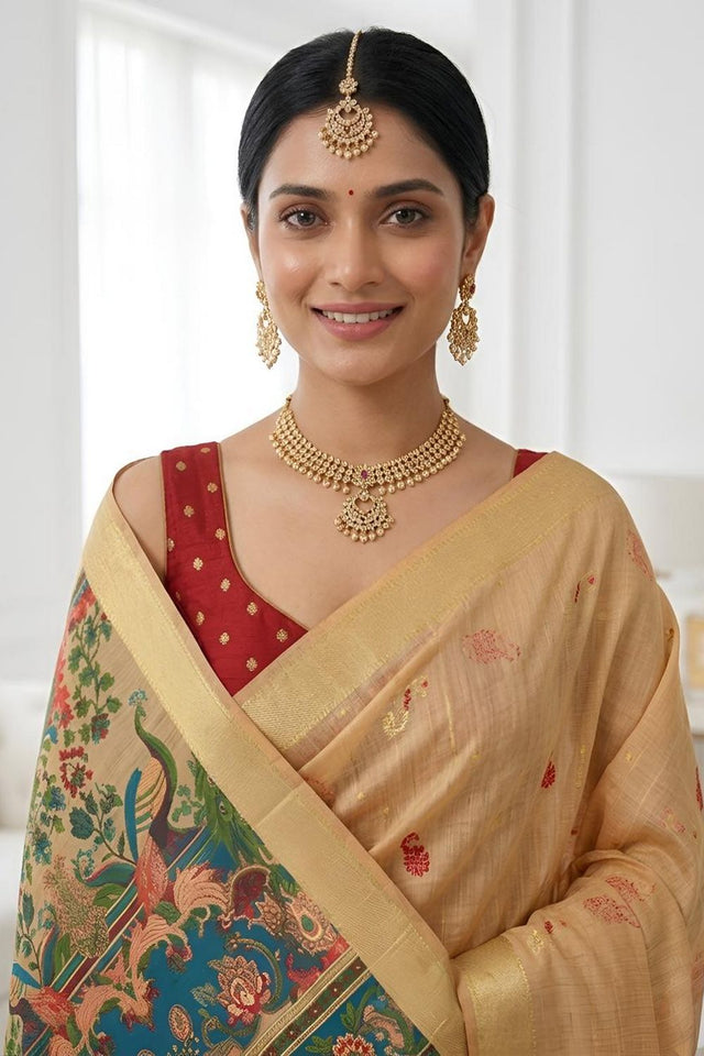Orange Cotton Blend Kalamkari Woven Saree (ACA8622)