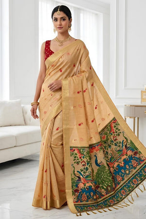 Orange Cotton Blend Kalamkari Woven Saree (ACA8622)