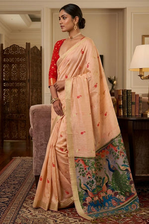 Peach Cotton Blend Kalamkari Woven Saree (ACA8623)