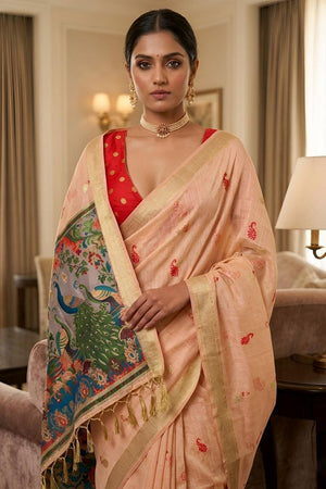 Peach Cotton Blend Kalamkari Woven Saree (ACA8623)
