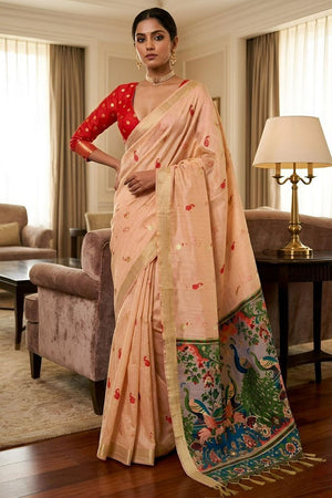 Peach Cotton Blend Kalamkari Woven Saree (ACA8623)
