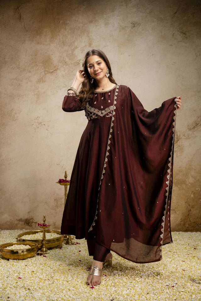 Brown Silk Embroidered Anarkali Suit (ACA8638)