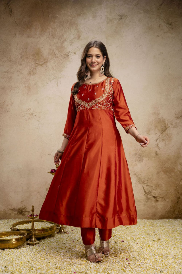 Orange Silk Embroidered Anarkali Suit (ACA8640)