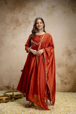 Orange Silk Embroidered Anarkali Suit (ACA8640)