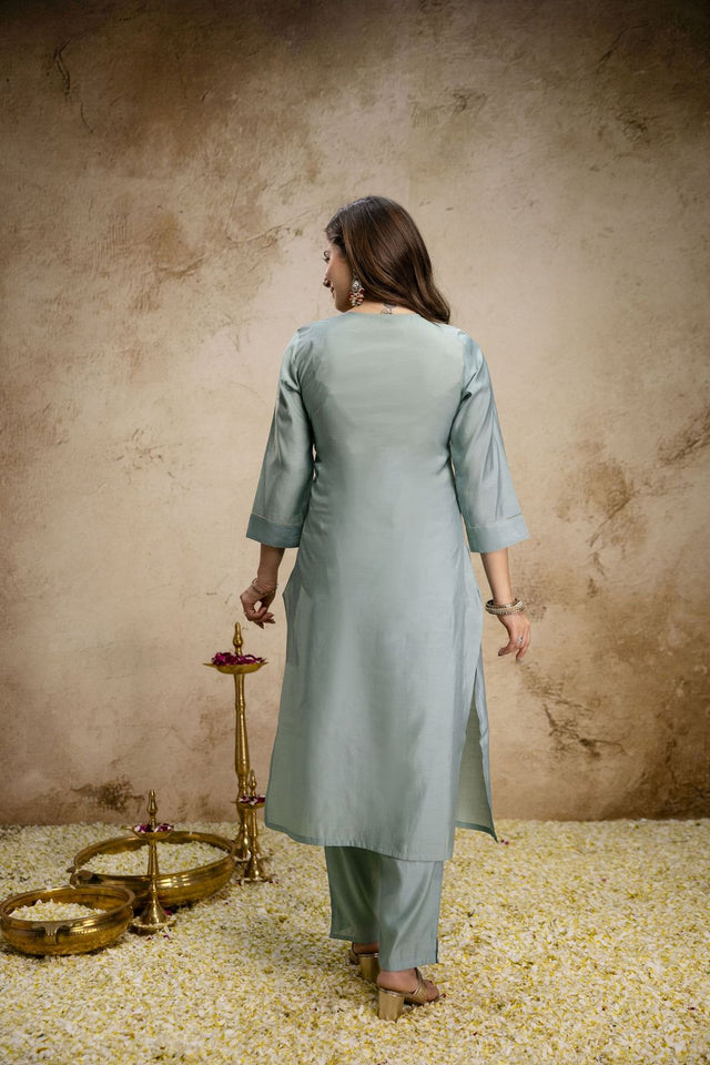 Blue Silk Embroidered Straight Cut Suit (ACA8641)