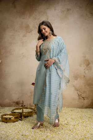 Blue Silk Embroidered Straight Cut Suit (ACA8641)