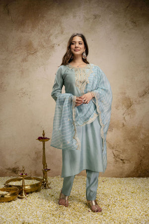 Blue Silk Embroidered Straight Cut Suit (ACA8641)