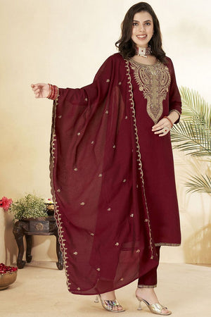 Maroon Silk Sequin with Embroidered Straight Cut Suit (ACA8642)