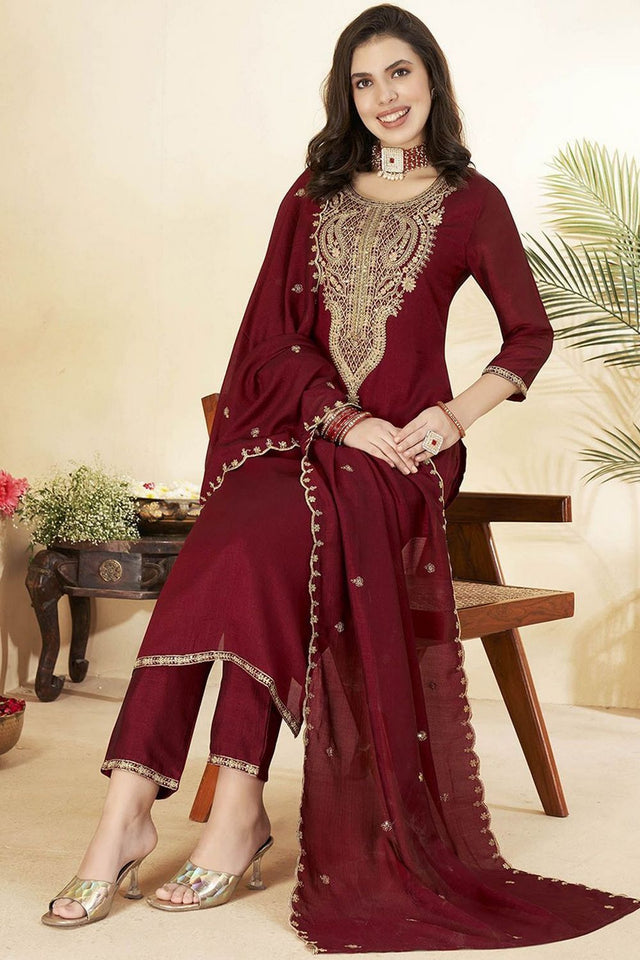 Maroon Silk Sequin with Embroidered Straight Cut Suit (ACA8642)
