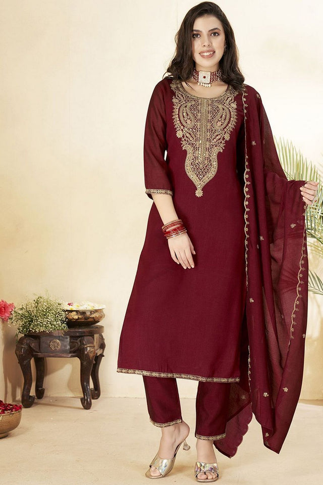 Maroon Silk Sequin with Embroidered Straight Cut Suit (ACA8642)