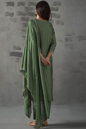 Green Silk Sequin with Embroidered Straight Cut Suit (ACA8643)