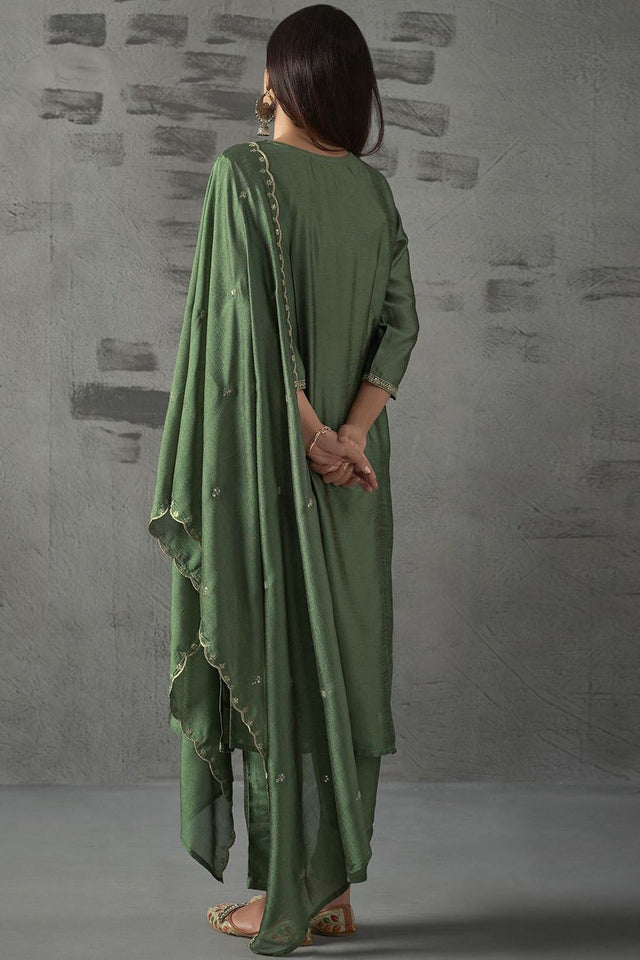 Green Silk Sequin with Embroidered Straight Cut Suit (ACA8643)