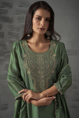Green Silk Sequin with Embroidered Straight Cut Suit (ACA8643)