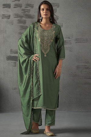 Green Silk Sequin with Embroidered Straight Cut Suit (ACA8643)