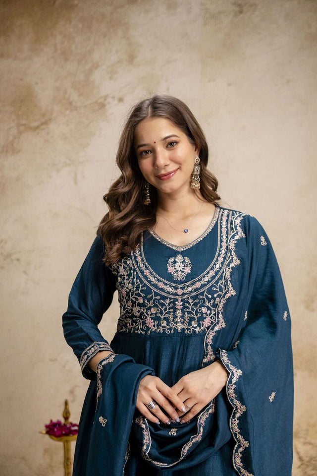 Blue Silk Floral Embroidered Anarkali Suit (ACA8644)