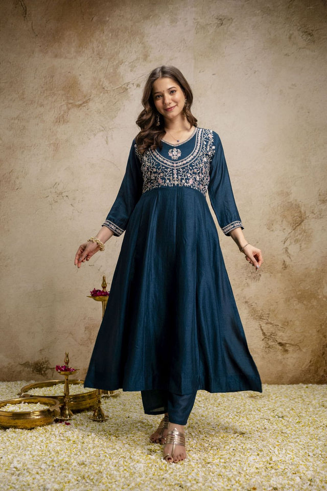 Blue Silk Floral Embroidered Anarkali Suit (ACA8644)