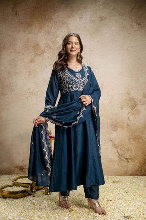 Blue Silk Floral Embroidered Anarkali Suit (ACA8644)