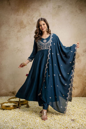 Blue Silk Floral Embroidered Anarkali Suit (ACA8644)