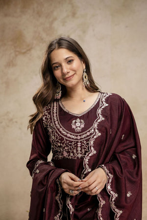 Brown Silk Floral Embroidered Anarkali Suit (ACA8645)