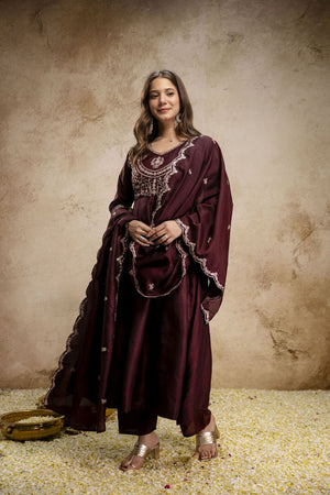 Brown Silk Floral Embroidered Anarkali Suit (ACA8645)