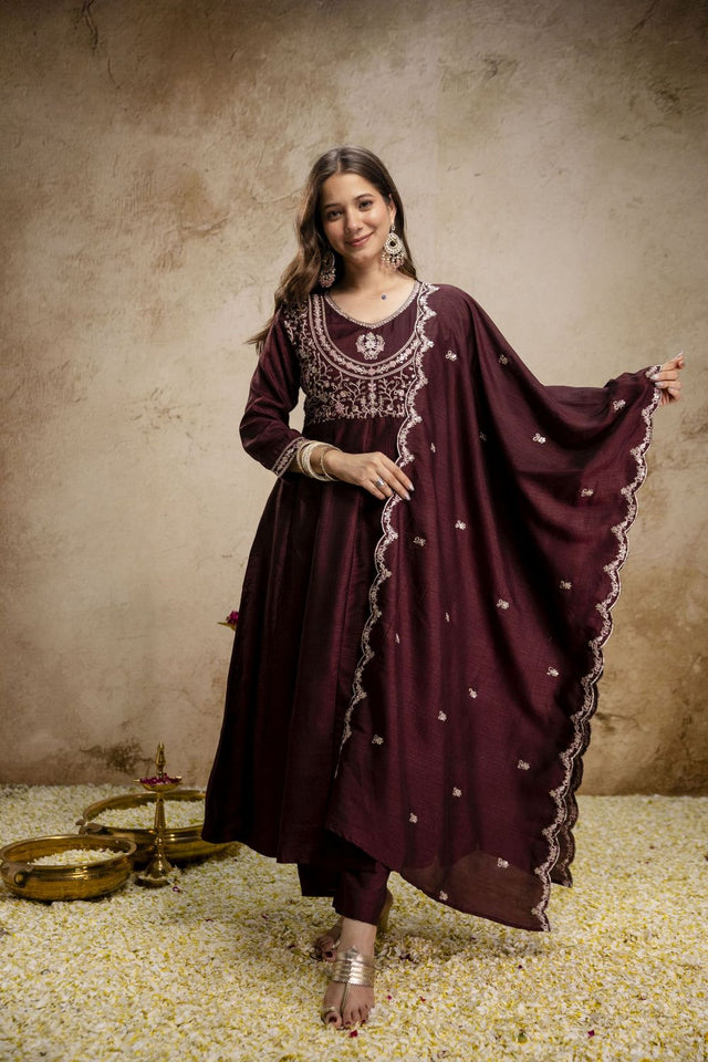 Brown Silk Floral Embroidered Anarkali Suit (ACA8645)