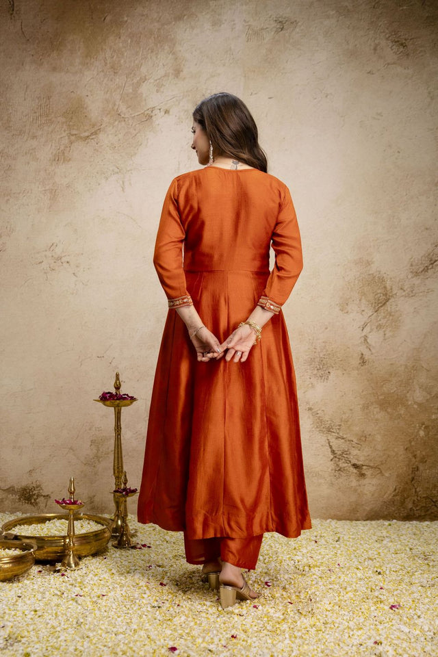 Orange Silk Floral Embroidered Anarkali Suit (ACA8646)