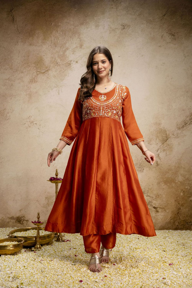 Orange Silk Floral Embroidered Anarkali Suit (ACA8646)