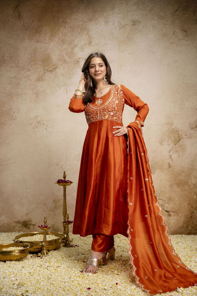 Orange Silk Floral Embroidered Anarkali Suit (ACA8646)