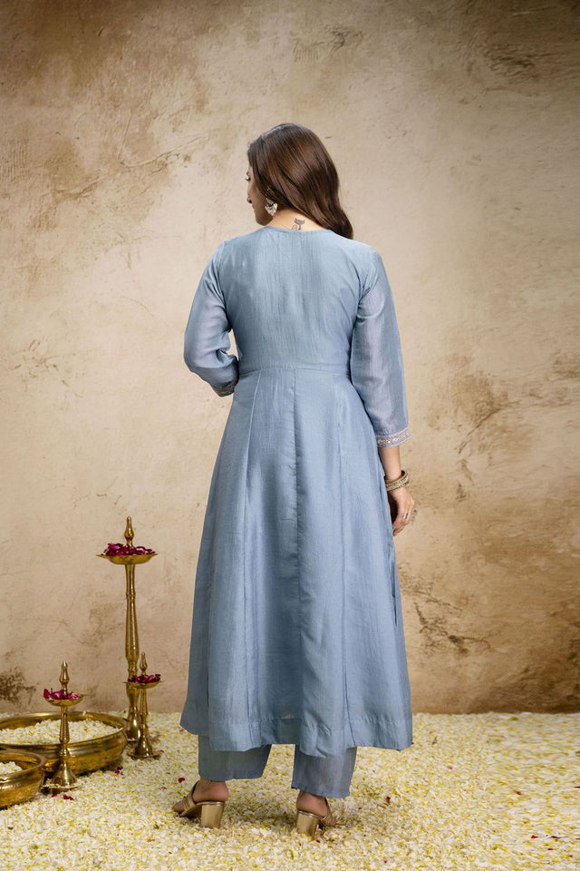 Blue Silk Floral Embroidered Anarkali Suit (ACA8647)