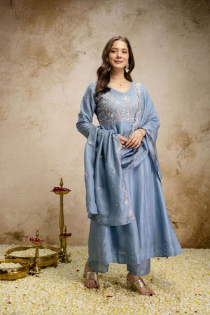 Blue Silk Floral Embroidered Anarkali Suit (ACA8647)