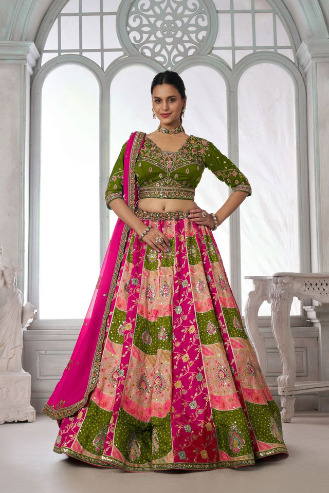 Multi Color Chinon Floral Embroidered Lehenga (ACA8654)