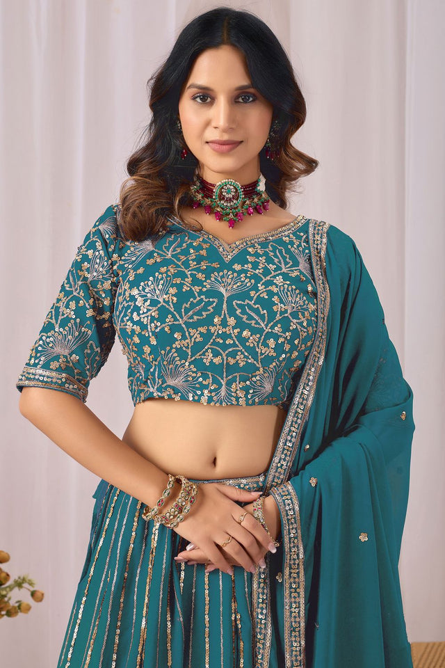 Turquoise Georgette Sequin with Embroidered Lehenga (ACA8661)