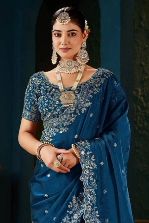 Blue Satin Embroidered Saree (ACA8663)