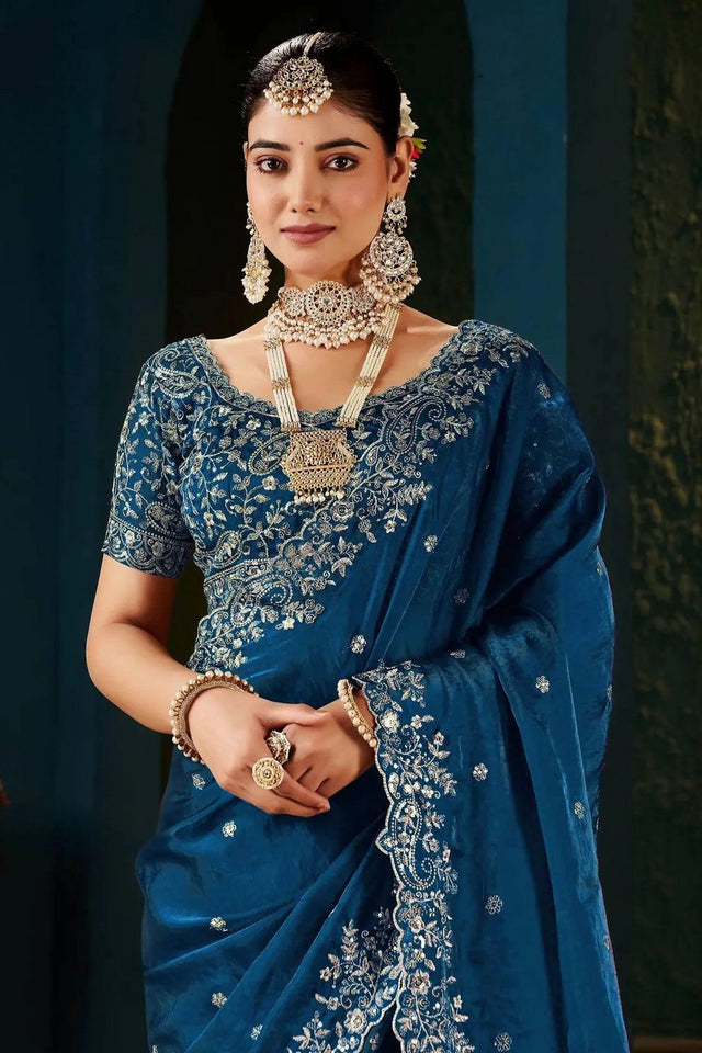 Blue Satin Embroidered Saree (ACA8663)