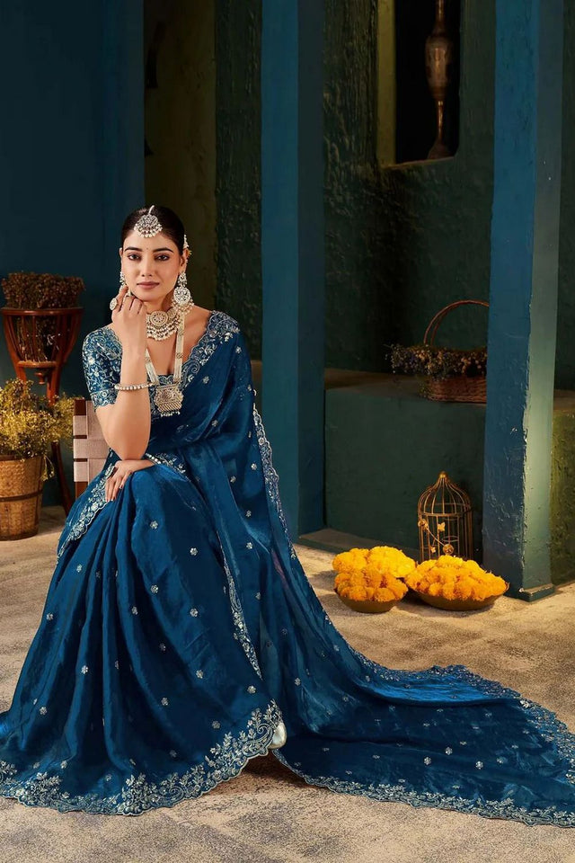 Blue Satin Embroidered Saree (ACA8663)