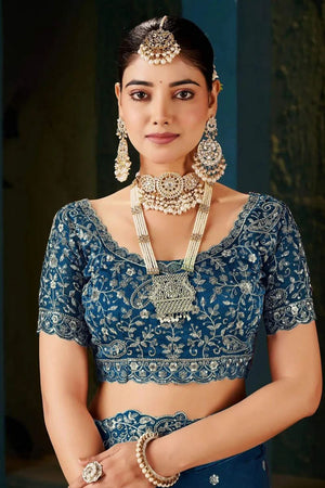 Blue Satin Embroidered Saree (ACA8663)