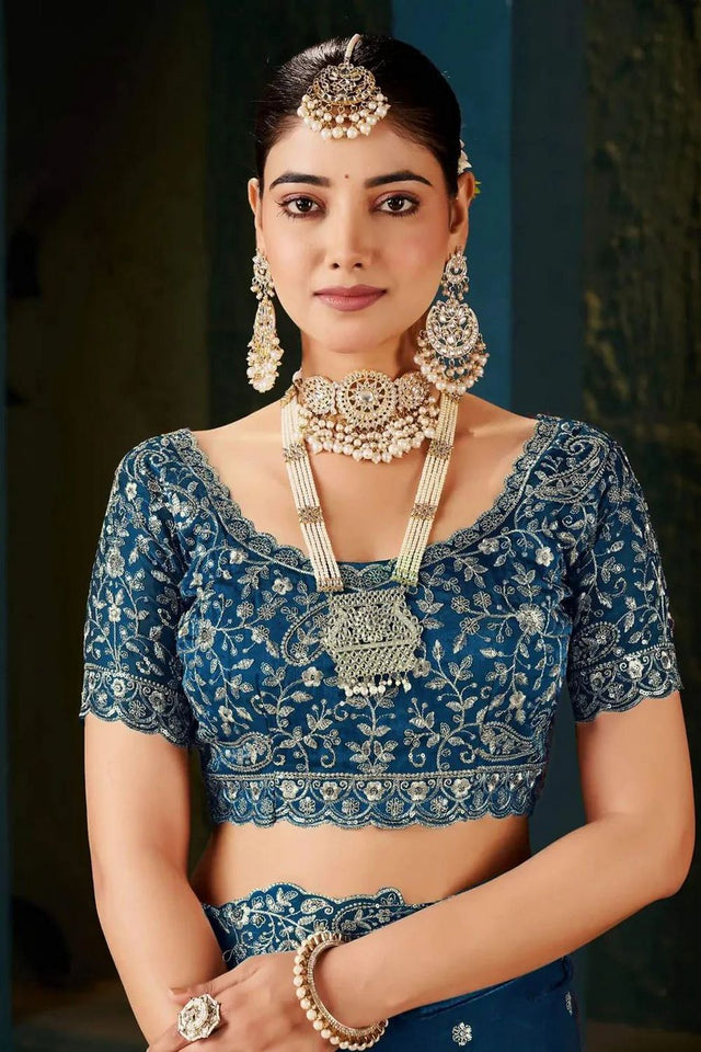 Blue Satin Embroidered Saree (ACA8663)