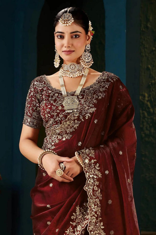 Maroon Satin Embroidered Saree (ACA8664)
